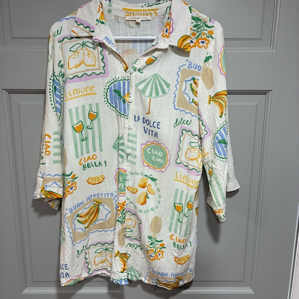 Label‎ of Love Women's Shirt Size M Linen Blend Colorful Graphic 3/4 sleeves